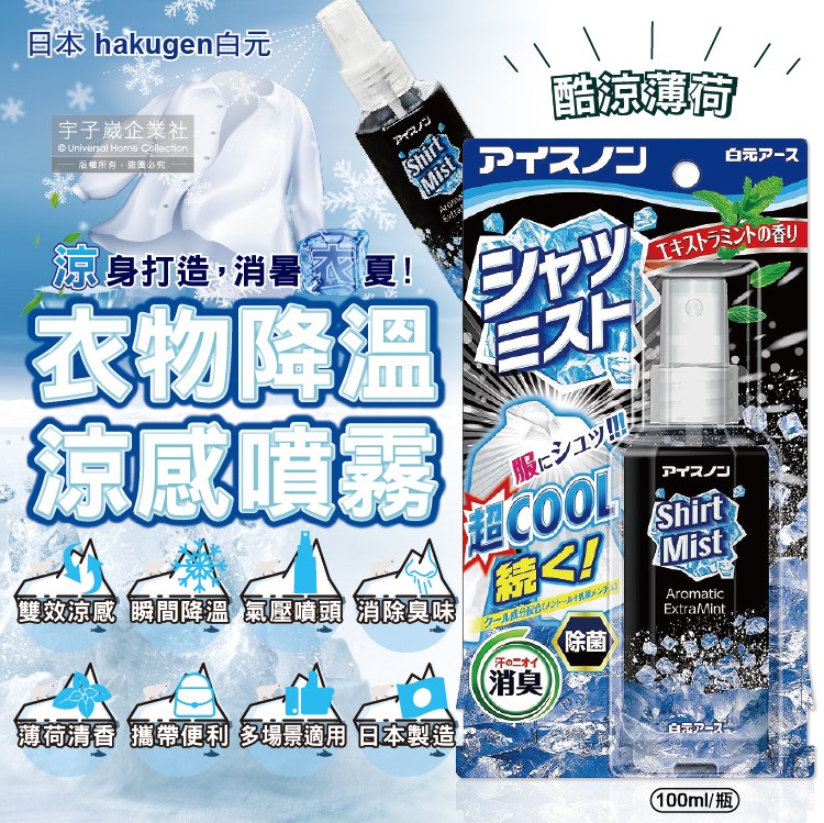 白元 日本hakugen-衣物芳香除臭劑-酷涼薄荷噴霧100ml/黑瓶(夏日消暑降溫噴瓶)