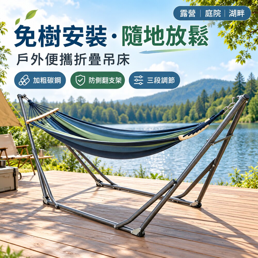 WOG 窩居 可折疊吊床支架組 室內陽台戶外兩用吊床 防側翻支架 野外露營雙人吊椅 加粗加固承重 700 斤 陽台吊椅