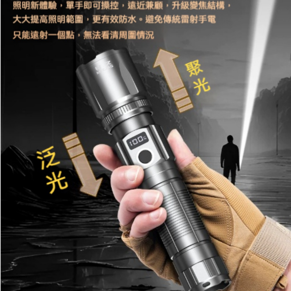 爆亮鐳射炮手電筒 滑控伸縮變焦液晶電顯強光手電 大容量防水戶外遠射探照燈