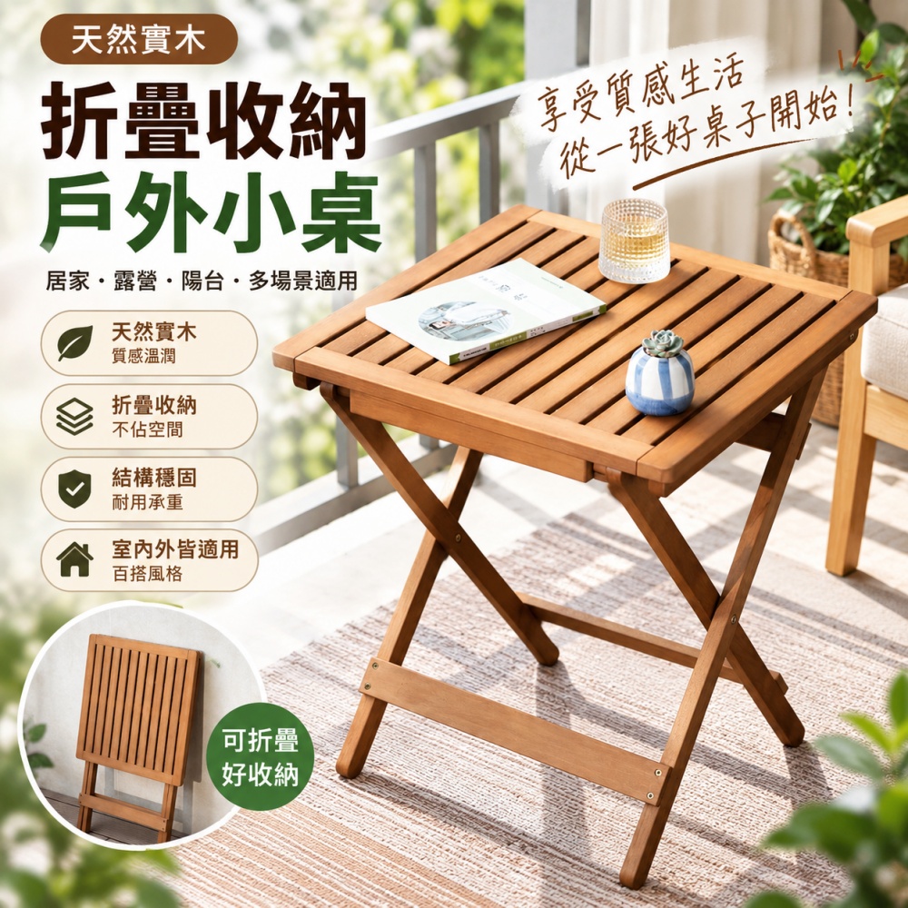 NUOBIXING 諾必行 實木折疊桌子 免安裝戶外休閒桌 木紋陽台小桌子 48*48cm露營野餐桌 室內外兩用休閒桌
