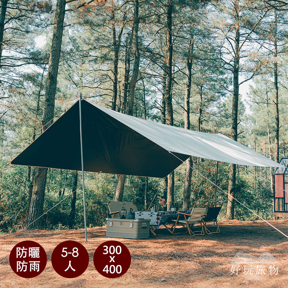 長形款_5-8人戶外露營遮陽防水大尺寸黑膠天幕帳篷(附配件及收納袋) 露營外帳客廳帳 野炊炊事帳 防雨帳
