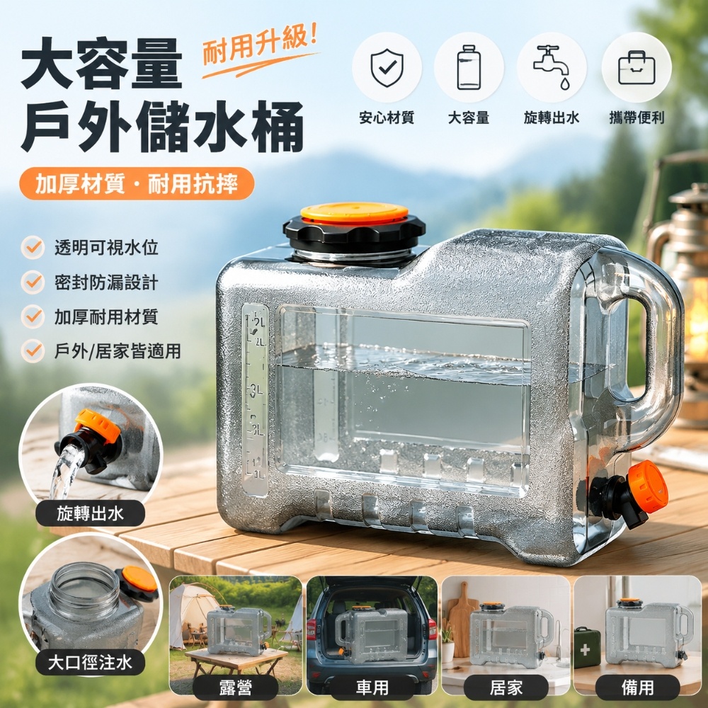 NUOBIXING 諾必行 20L戶外露營桶 純凈水桶 戶外水桶 食品級家用 儲水用礦泉水桶 帶龍頭 PC車載水箱