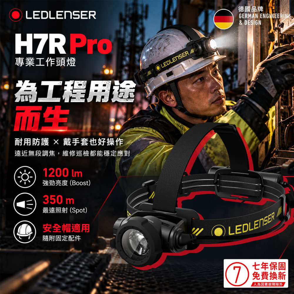 LEDLENSER 萊德雷神 H7R PRO 充電式工程用LED調焦頭燈 內附安全帽配件