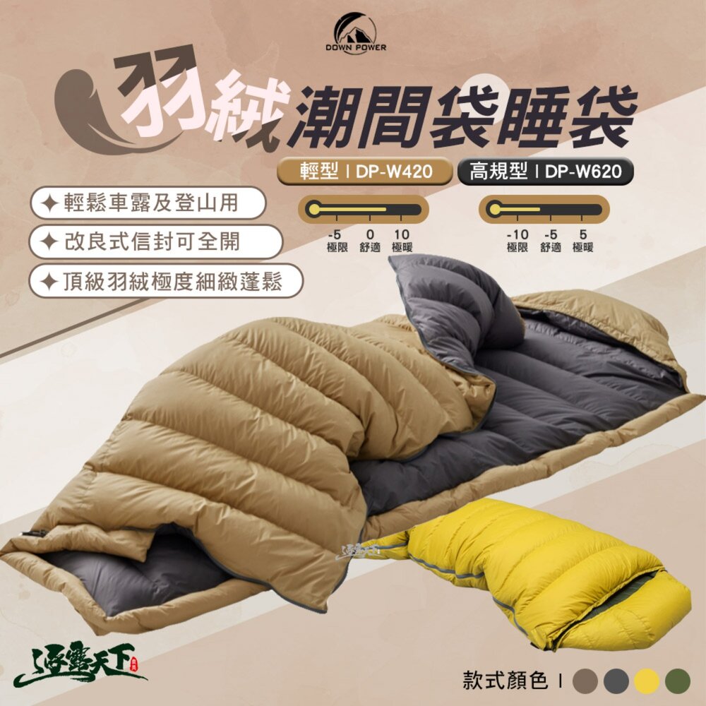 Down Power 潮間袋 羽絨睡袋 輕型 DP-W420 無畏黃 莫名綠 潮奶茶 潮灰階 露營 逐露天下