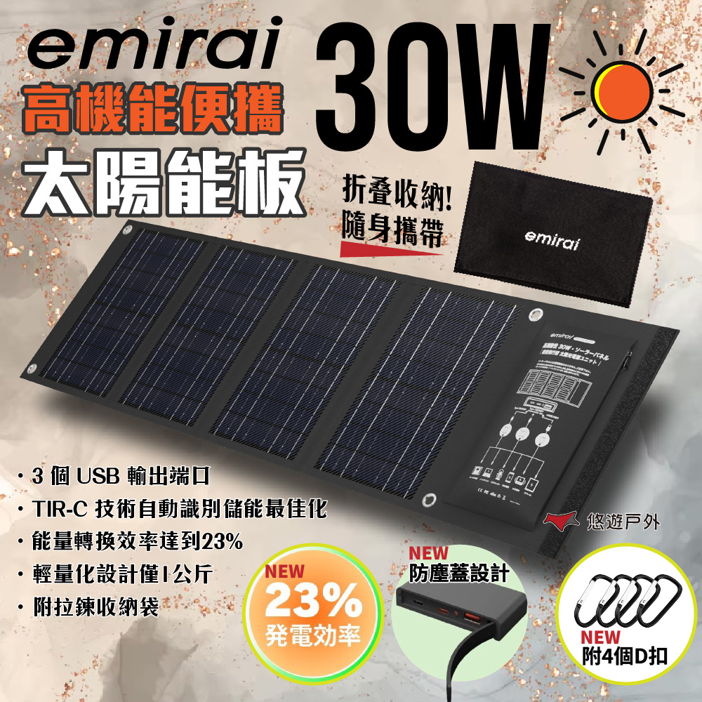 Mirenex 30W 折疊式冒險太陽能板 EMRS30T 充電板 太陽能 USB快充 小瓦力 防災應急 儲能 悠遊戶外