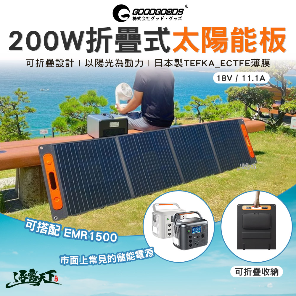 日本GOODGOODS 200W折疊式太陽能板 18V / 11.1A 露營 逐露天下
