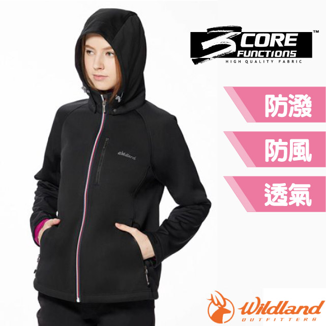 WILDLAND 荒野 女 防風防潑保暖軟殼連帽外套.夾克.風衣_0A92921-54 黑色