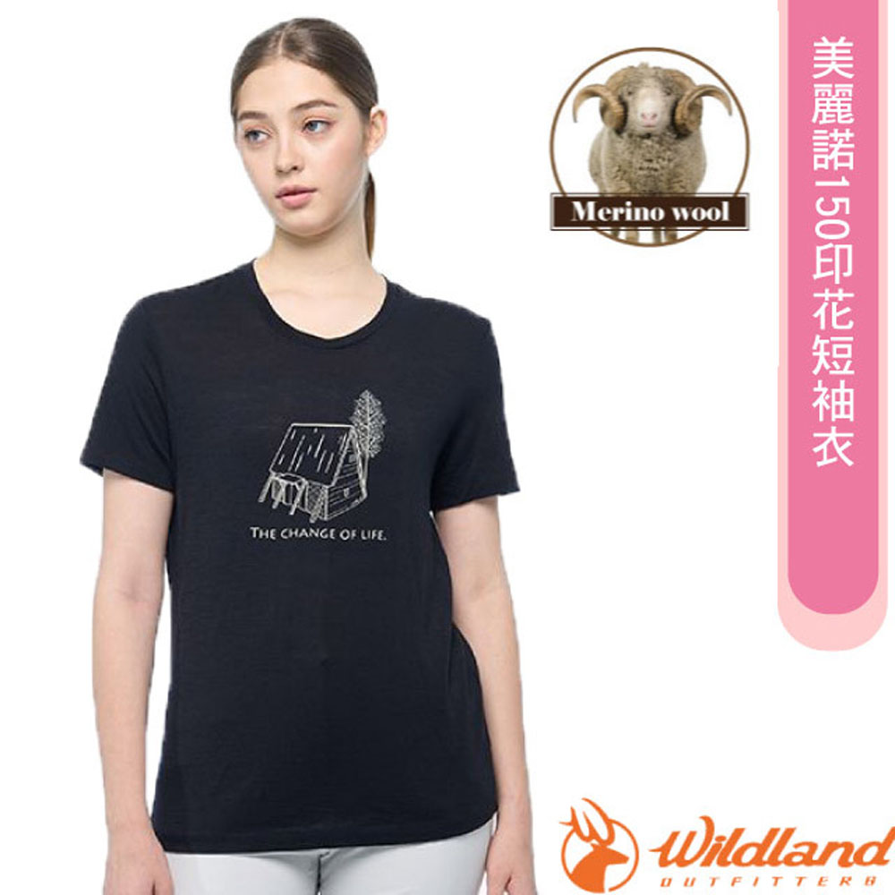 WILDLAND 荒野 女 100%美麗諾150印花短袖衣.抗菌抗臭.四面彈性/0B02603-54 黑