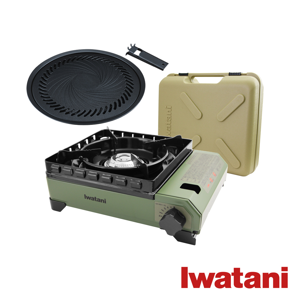 IWATANI 日本岩谷 戶外防風究極綠武士磁式瓦斯爐3.3kW-附收納盒-日本製-搭贈33cm岩谷不沾燒肉盤(CB-ODX-1-OL+CB-A-YPL)