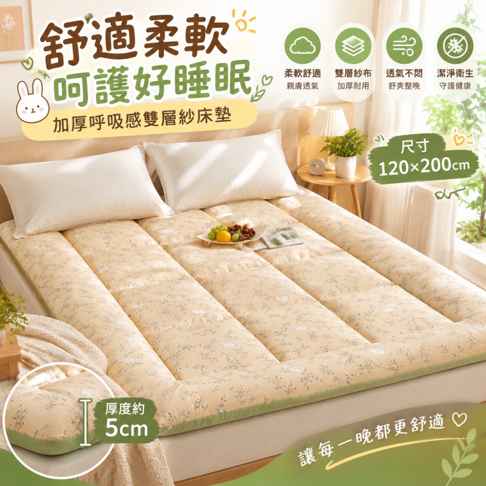 藝啟 120*200CM 雙層紗床墊 酒店床墊 家用軟墊 單人睡墊 榻榻米褥 防滑墊 記憶床墊 柔軟親膚 細膩綿滑