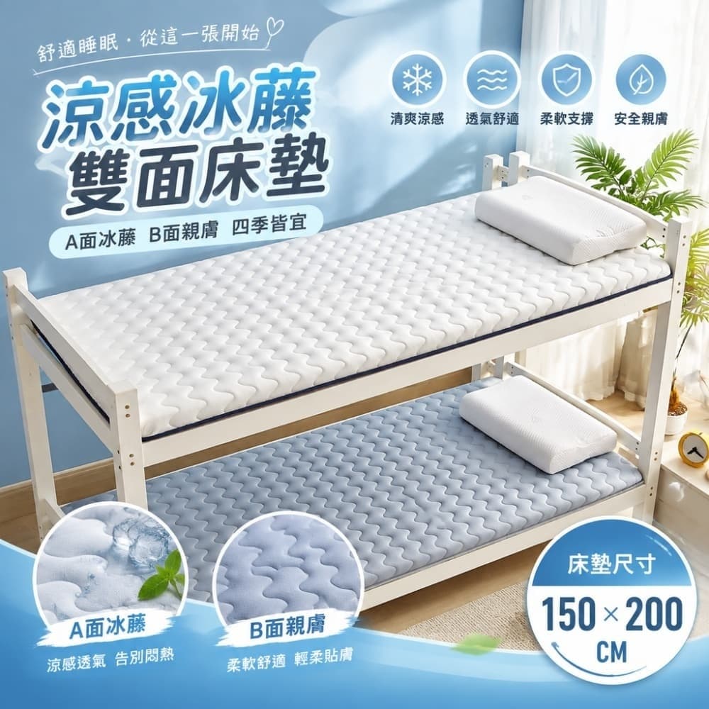 藝啟 150*200CM雙面涼藤席床墊 軟墊 宿舍睡墊四季通用 榻榻米睡墊 租房地鋪 柔感面料 細膩親膚透氣舒睡