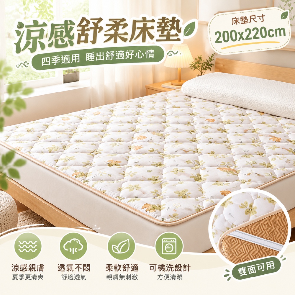 藝啟 200x220cm 雙面床墊 涼蓆 薄款褥子墊 床褥墊 榻榻米床墊 防滑床護墊 四季通用 柔感面料 細膩親膚