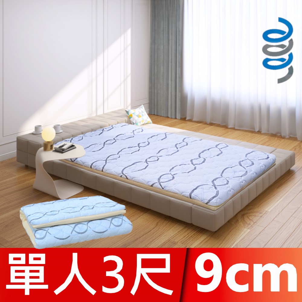 富郁床墊 4D透氣獨立筒彈簧床墊9cm藍白色舒柔布 單人3尺 612顆彈簧-台灣直營工廠