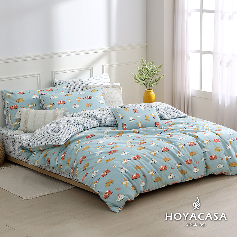 HOYACASA 雙人精梳棉兩用被床包組+健康舒眠枕(一入)-多款任選