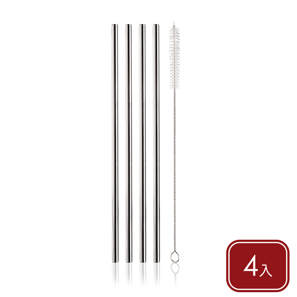 VACU VIN 荷蘭 清潔刷+不鏽鋼吸管4入(銀21.5cm) / 環保吸管 飲料杯 手搖杯 可機洗 洗碗機可洗