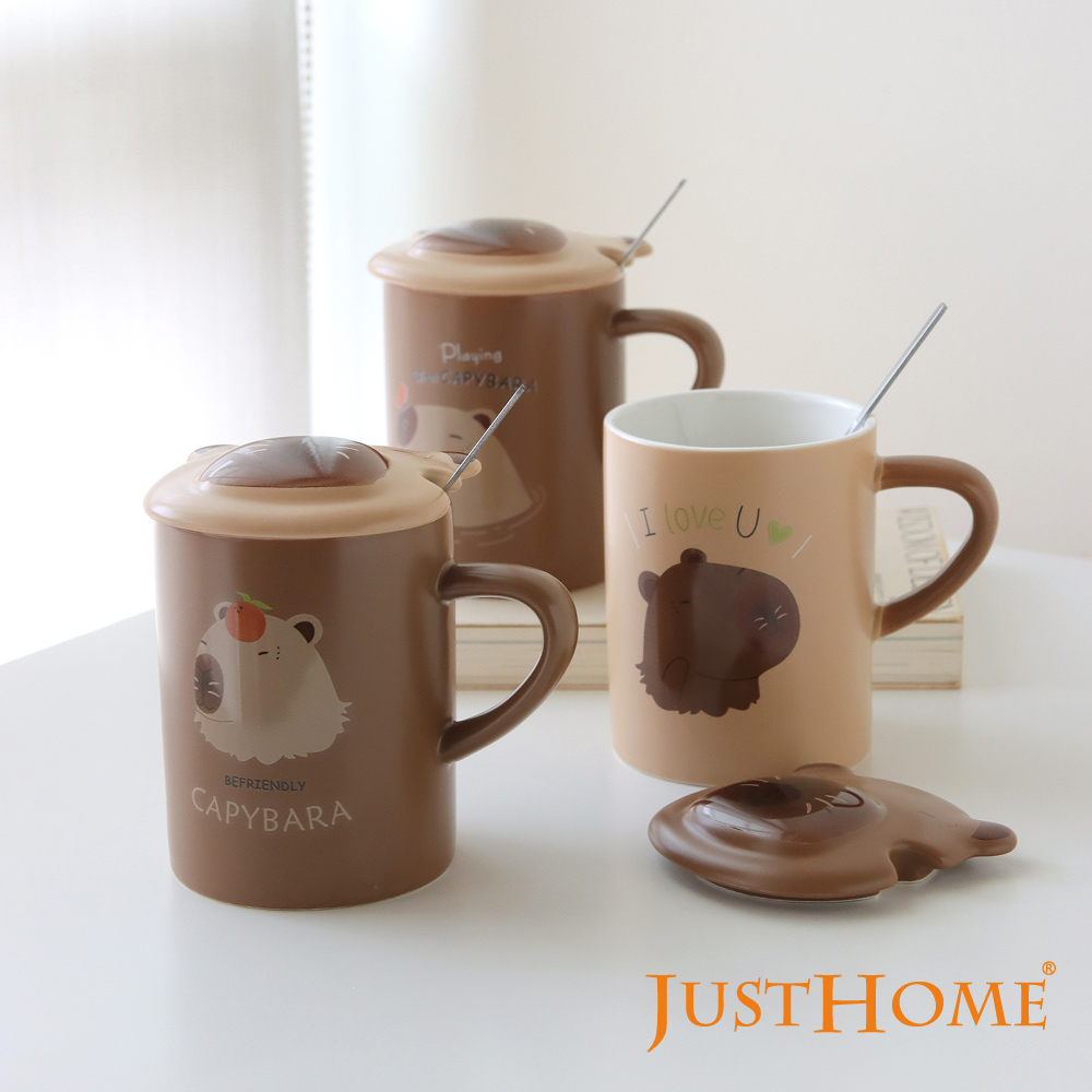 Just Home 家飾主義 Just Home可愛水豚陶瓷360ml馬克杯3件組-附杯蓋及湯匙(馬克杯/陶瓷杯/杯子)