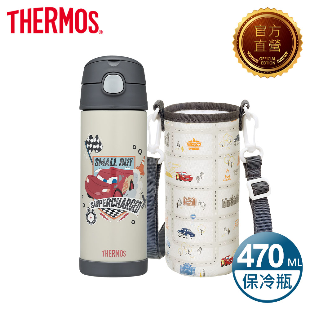 THERMOS 膳魔師 真空兩用保冷瓶 兒童水壺470ml-Cars汽車總動員(附揹袋)(F4021CFCR-DG)