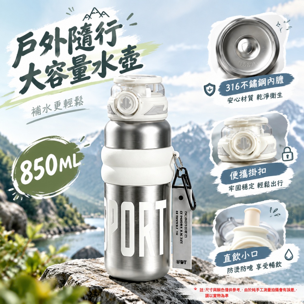 【蔓斯菲】運動保溫瓶 850ML大容量 316 內膽保溫杯 彈蓋吸管手提掛扣 車載戶外真空水壺