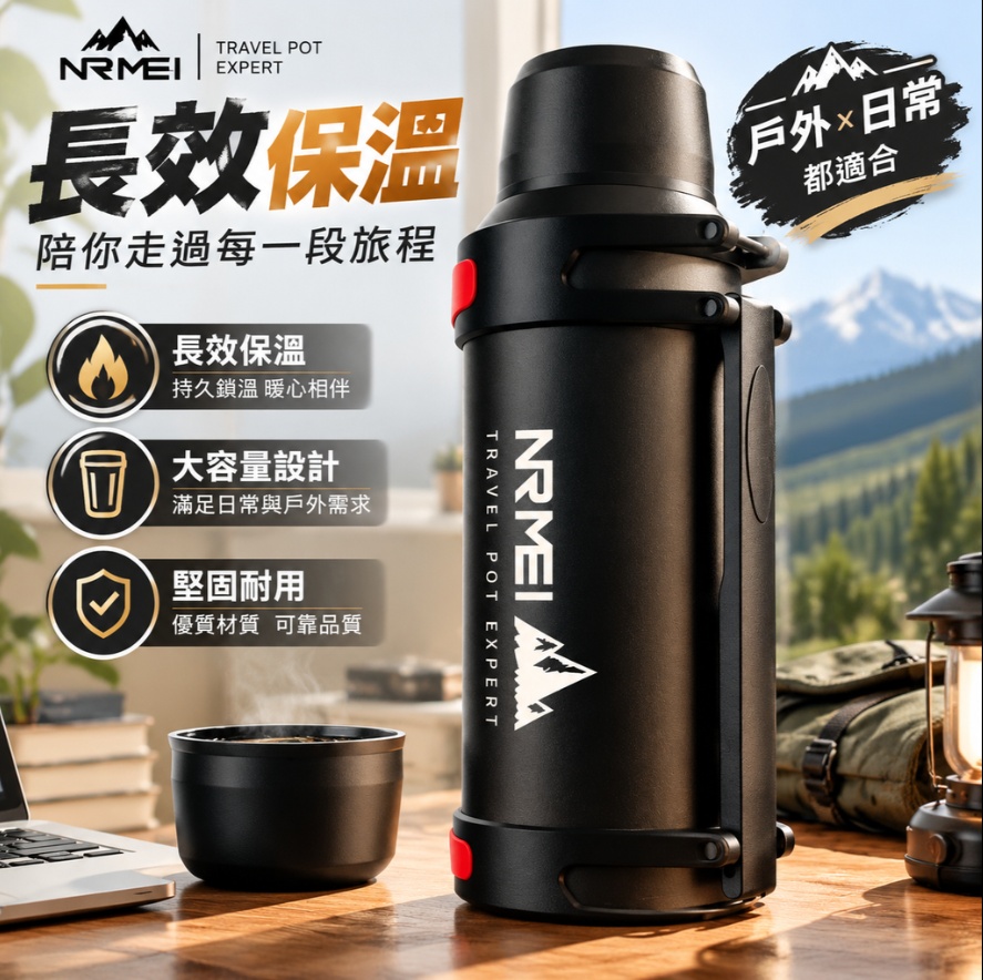 【悅享】磐石黑保溫水壺 316不鏽鋼內底 杯蓋可飲茶 長效鎖溫 便攜揹帶 戶外保溫壺 大容量1200ML