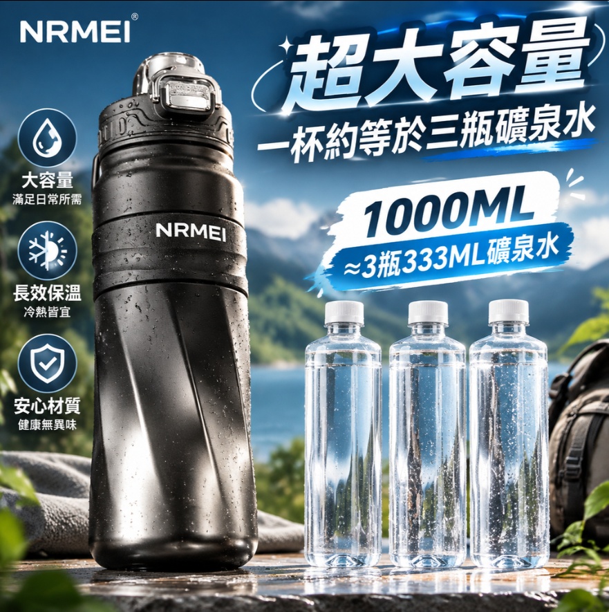 【悅享】曜夜鋒黑運動保溫杯 一杯雙飲保溫杯 316不鏽鋼運動水壺 戶外健身保溫杯 彈跳蓋便攜水杯1000ml