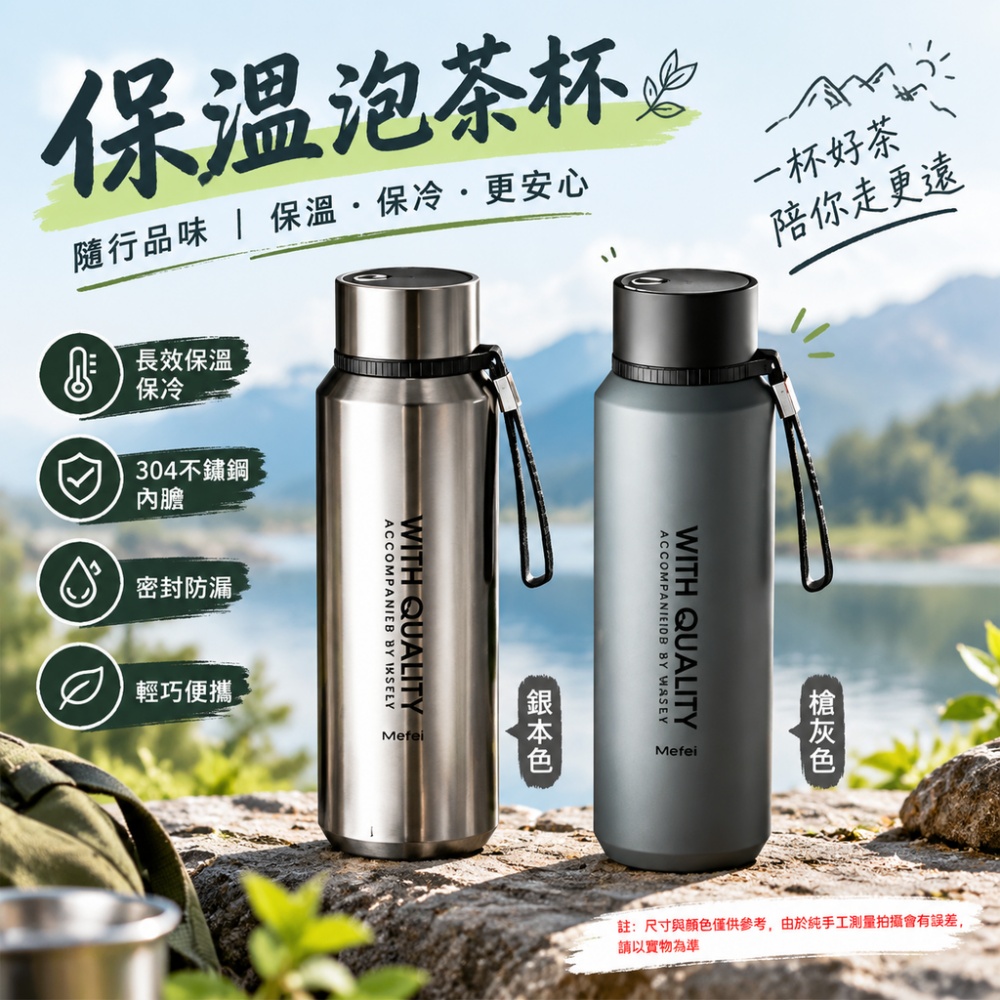 意馳YICHI 台灣現貨 保溫泡茶杯 1000ML 不鏽鋼保溫瓶 附茶倉提繩 戶外大容量泡茶保溫水壺