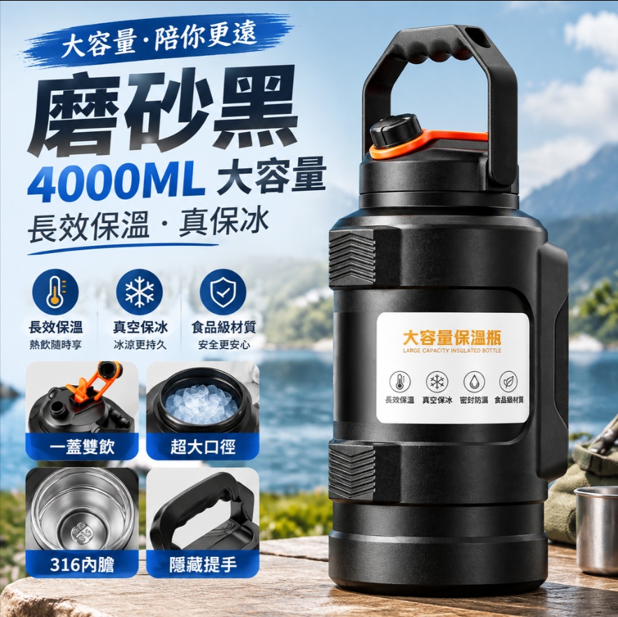 【悅享】超大口徑 隱藏把手 長保溫真保冰 戶外大容量水壺 露營釣魚保溫瓶 真空保冰壺 4000ml保冰桶