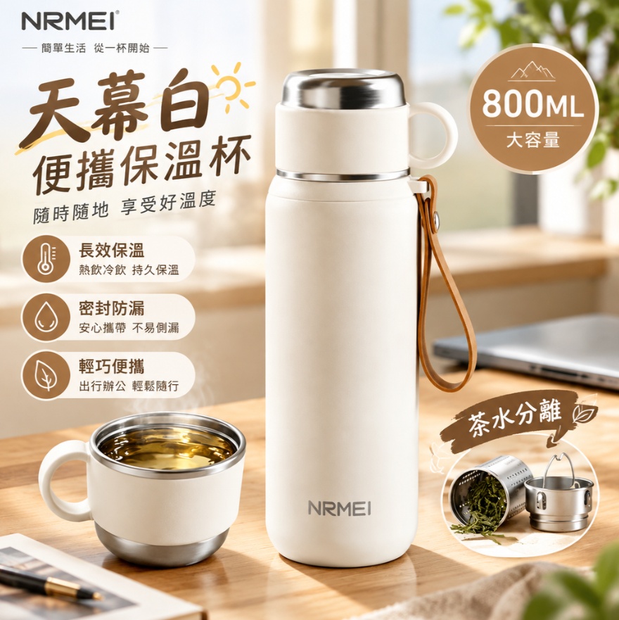 【悅享】天幕白保溫瓶 SUS316不鏽鋼 一蓋兩用 茶水分離濾網 手提掛繩 泡茶保溫壺 長效鎖溫水壺800ml