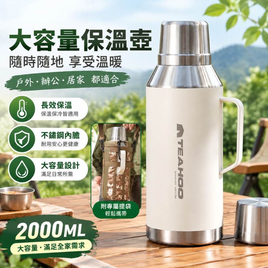 【悅享】雅白色大容量水壺 全鋼磁吸瓶蓋 手提把手 戶外登山保溫瓶 長效保冷保熱 露營熱水壺2000ml