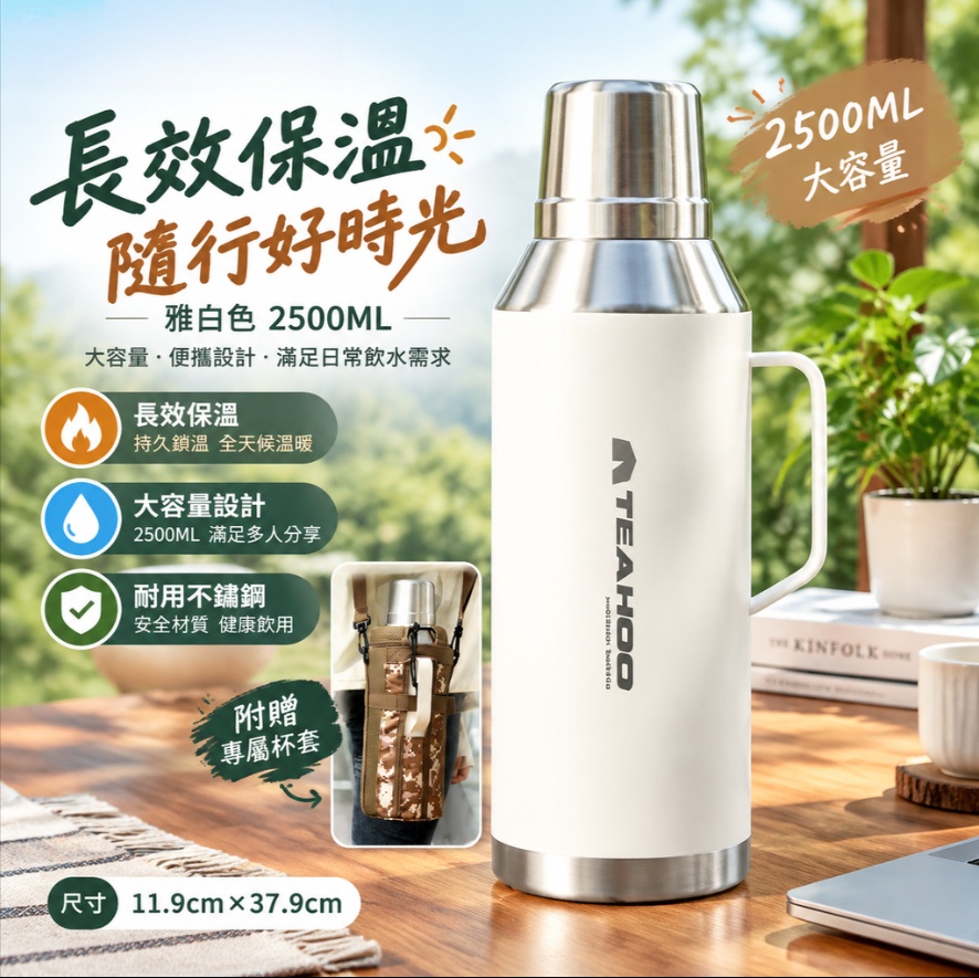 【悅享】一鍵秒開 附專屬杯套 手提把手 戶外登山保溫瓶 長效保冷保熱 露營熱水壺 可背式水壺2500ml