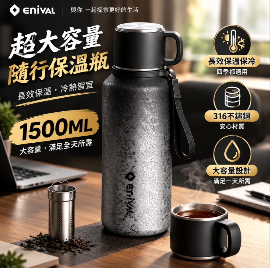 【悅享】內建茶倉保溫壺 大容量泡茶保溫杯 辦公保溫水壺 附掛繩保溫瓶 雙杯蓋保溫壺 戶外保溫杯1500ml