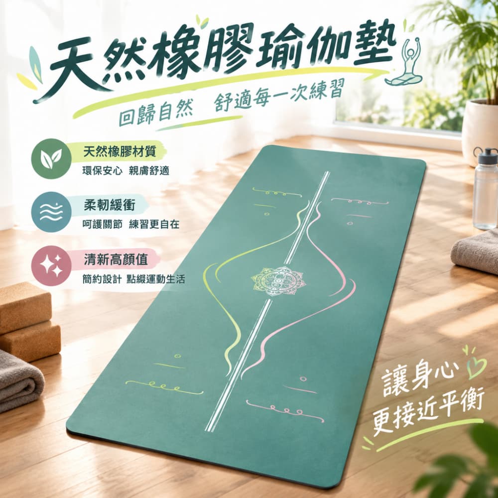 【一蒔】瑜伽墊 天然橡膠瑜伽墊 體位引導線瑜伽墊 復古綠瑜伽墊 家用健身墊 環保瑜伽墊183*68*0.5cm