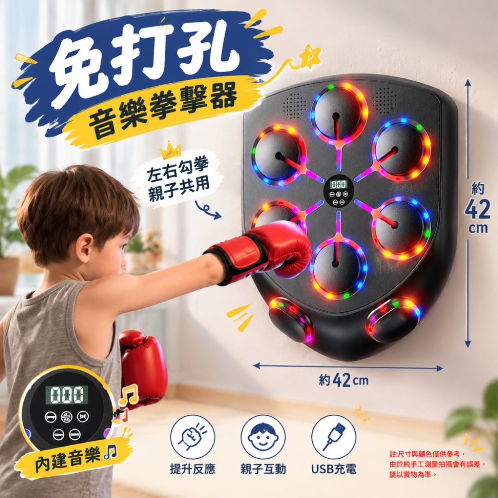 意馳 YICHI 拳擊器 單機+親子手套 勾拳款智能音樂拳擊靶 智能音樂拳擊機 彩燈八靶拳擊靶 拳擊訓練器