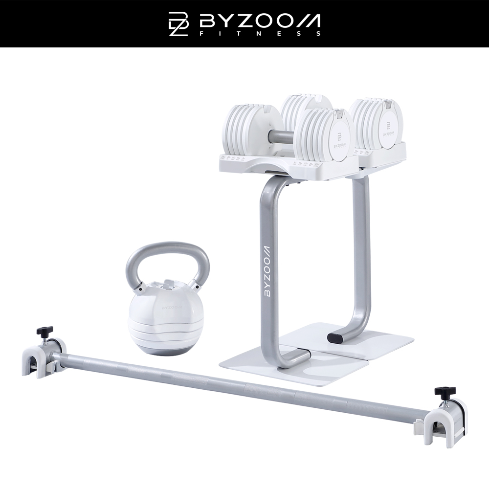 BYZOOM FITNESS PURE SERIES 25LB 可調式啞鈴*2+30LB可調式壺鈴+啞鈴專用架+ 專用槓鈴桿