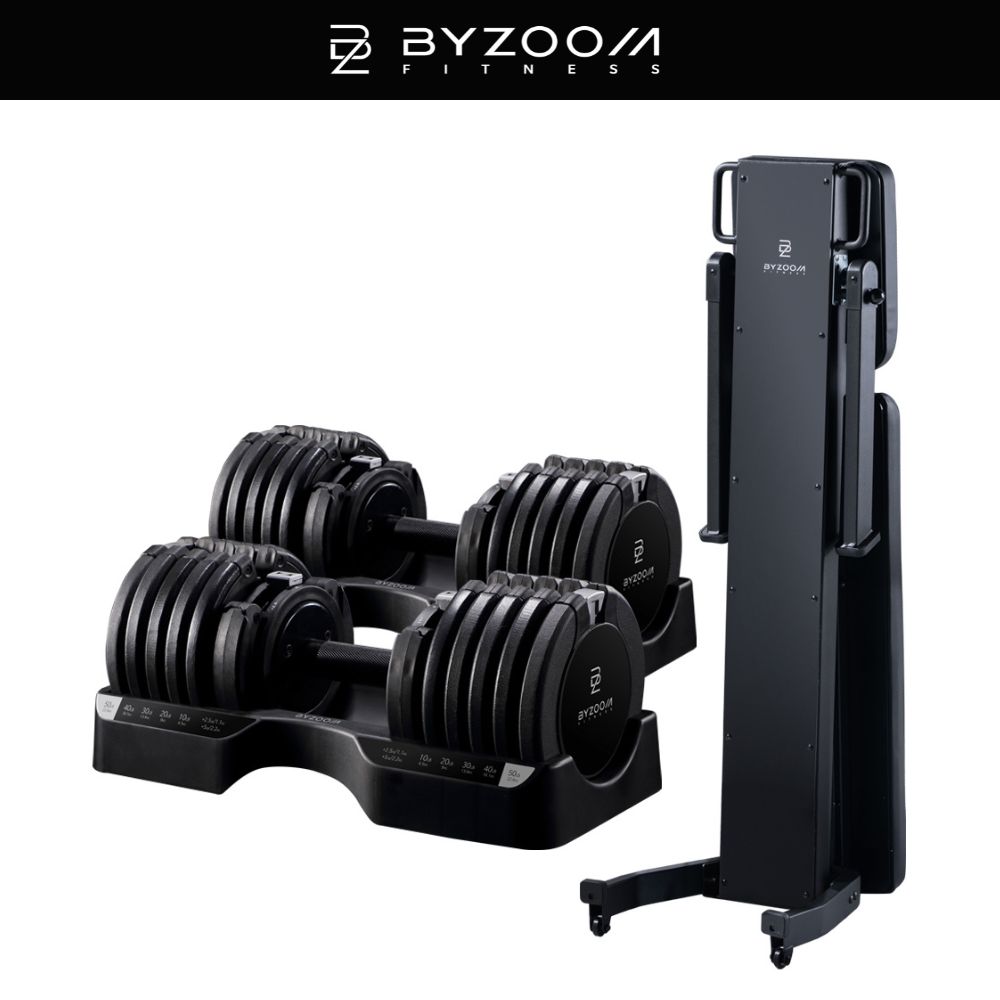 BYZOOM FITNESS Pure Series 25kg(55LB) 15段重量 可調式啞鈴*2+站立式收納5段調整健身椅*1 核心訓練