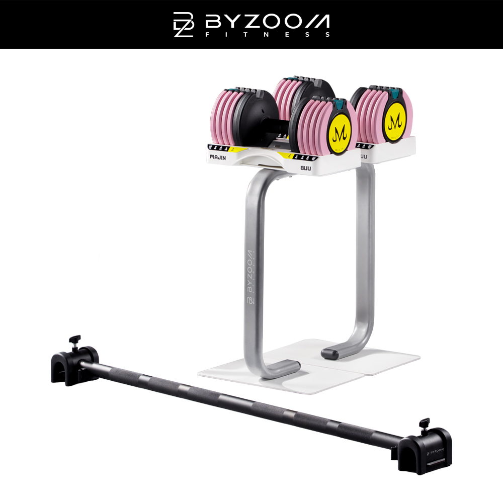 BYZOOM FITNESS 七龍珠Z 10kg 可調式啞鈴(魔人普烏款)+ 啞鈴專用架(白)+ Easy Bar槓鈴桿(黑)