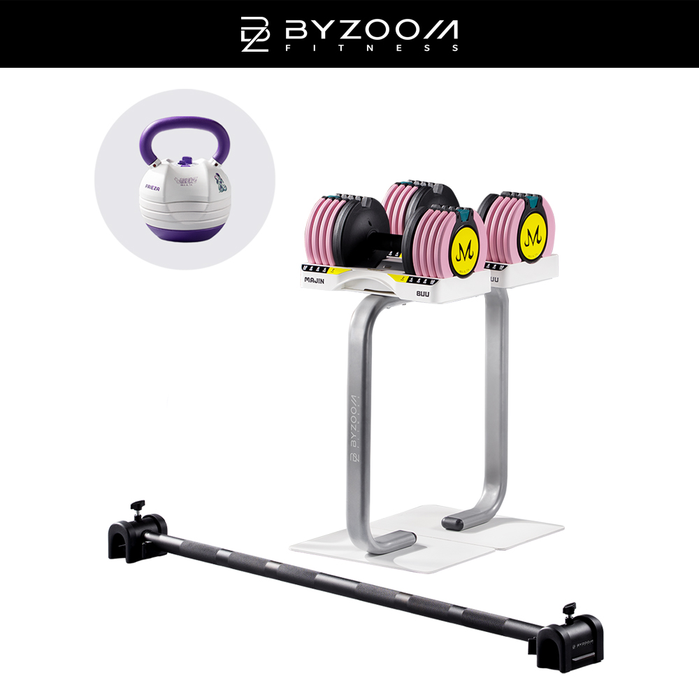 BYZOOM FITNESS 七龍珠Z10kg啞鈴(魔人普烏款)+22.6kg壺鈴(弗力札款)+啞鈴專用架(白)+Easy Bar槓鈴桿(黑)