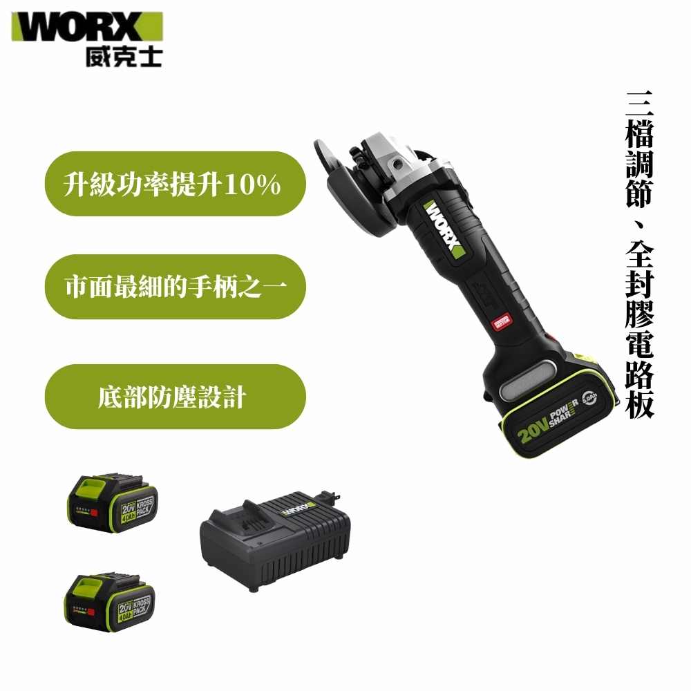 WORX 威克士 20V 100mm 鋰電無刷平面砂輪機 雙電池 WU808