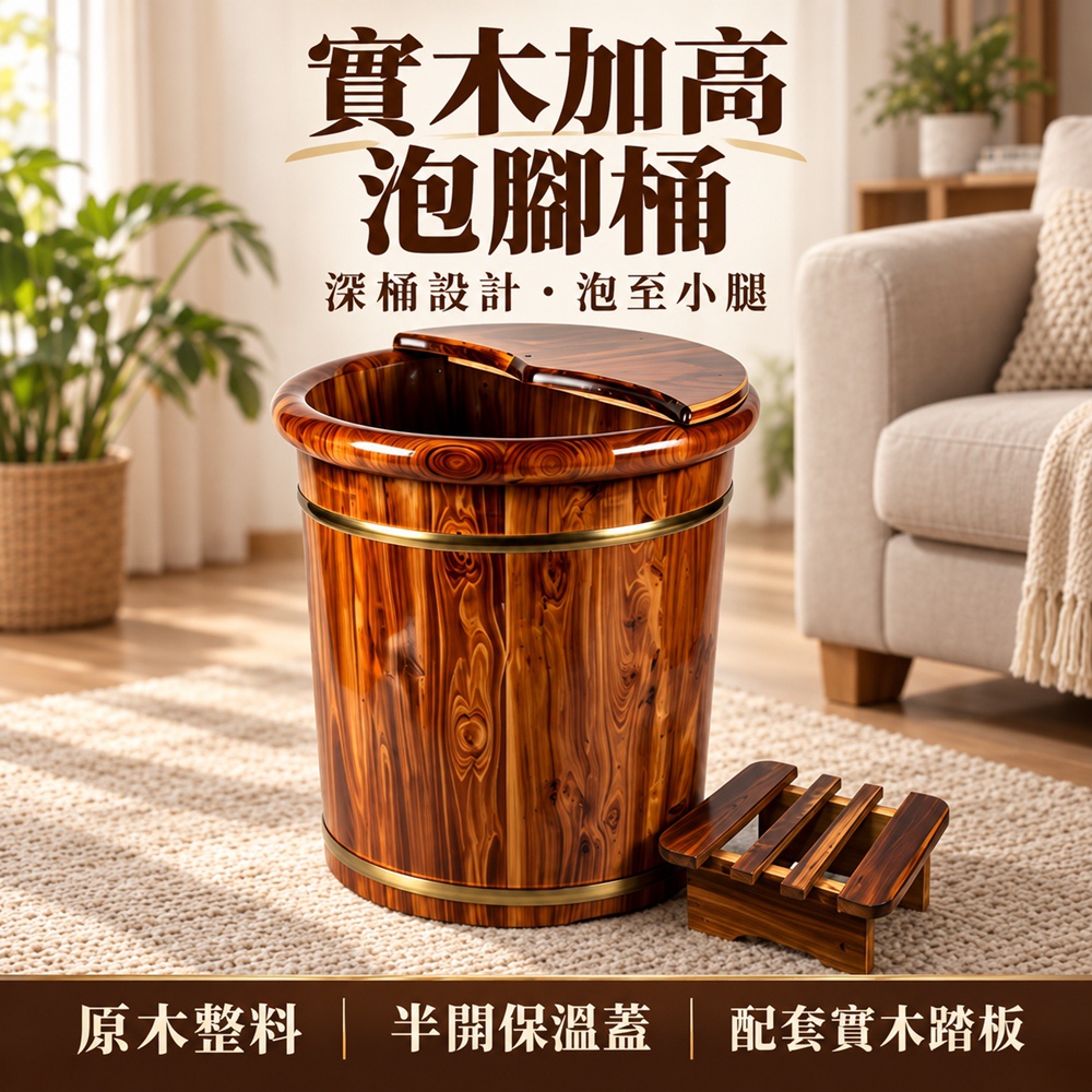 [星何居]泡腳桶 洗腳桶 木桶 取水桶 足浴盆 足浴家用泡腳桶 高40cm(實木桶 加固銅箍)