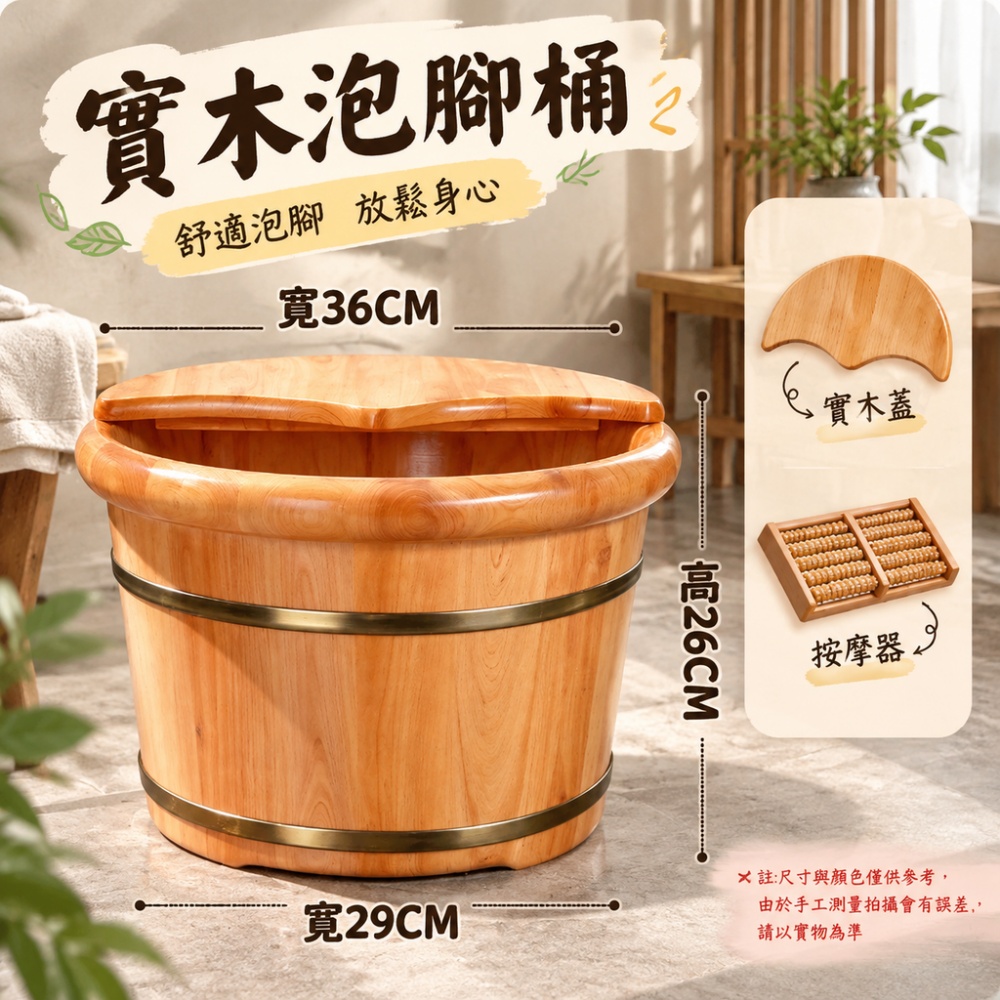 【銳達】泡腳木桶 高26cm圓邊桶+實木蓋+按摩器 家用實木足浴桶 過小腿木質洗腳桶 保溫泡腳木盆