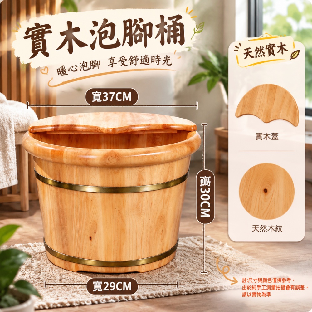 【銳達】泡腳木桶 高30cm圓邊桶+實木蓋 家用實木足浴桶 過小腿木質洗腳桶 保溫泡腳木盆