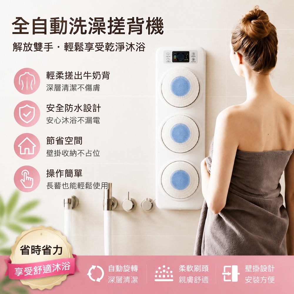 全自動三頭搓背機 電動沐浴刷 防水洗澡刷 背部清潔按摩器 洗澡神器 柔軟刷頭 浴室用品