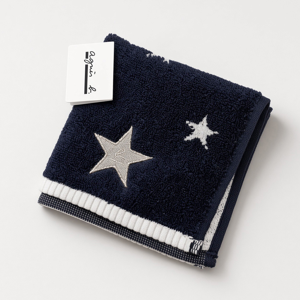 agnes b. 經典滿版星星小b刺繡純棉毛巾手帕 23×23cm 越南製 (深藍)
