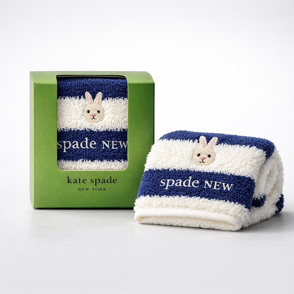 Kate Spade NEW YORK 兔子刺繡條紋手帕|純棉毛巾方巾|附包裝禮盒款 海軍藍色 25×25cm
