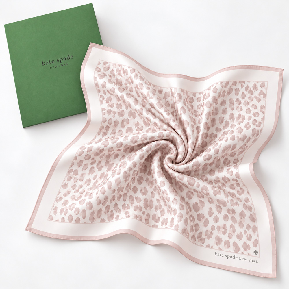 Kate Spade 日本製 經典豹紋印花純棉手帕領巾.髮帶 (粉色 48×48cm 附原廠品牌紙袋)