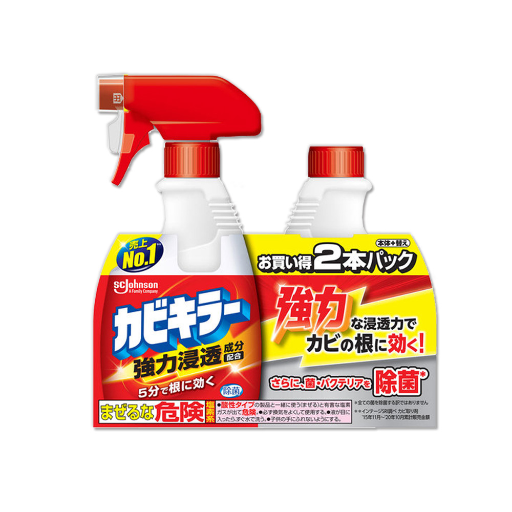 SC Johnson (1+1超值組)日本莊臣-浴室強力除霉鹼性泡沫清潔劑400ml噴霧瓶+400ml補充瓶