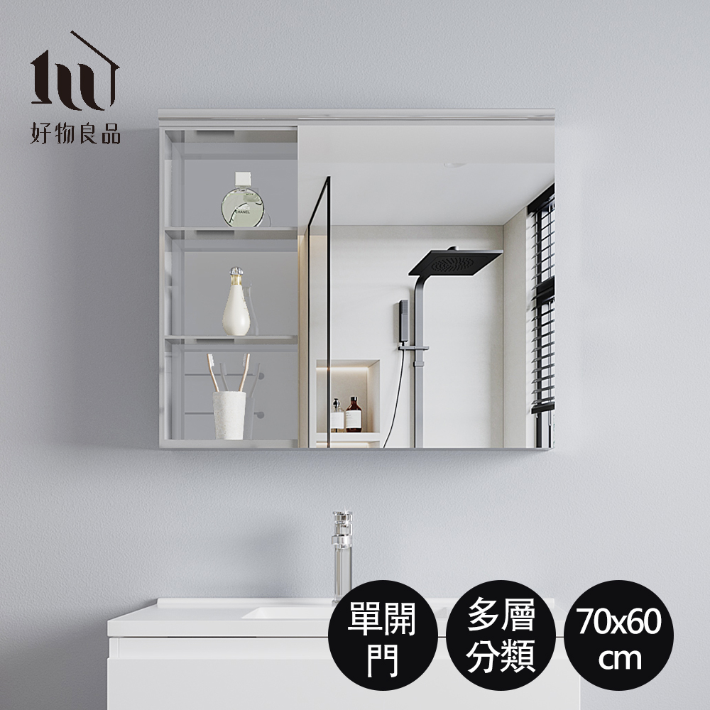 好物良品 單開門半開放壁掛式不鏽鋼收納鏡櫃 (70x60x13cm) 防水防潮防霉浴室浴櫃 可選款式左開門/右開門