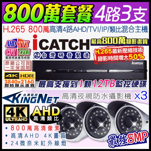 KingNet 帝網 監控套餐 可取 Icatch 4路3支套餐 800萬 8MP H.265 手機遠端 店面監控 AHD TVI CVI 類比 IPCAM 1080P 720P 類比 向下相容