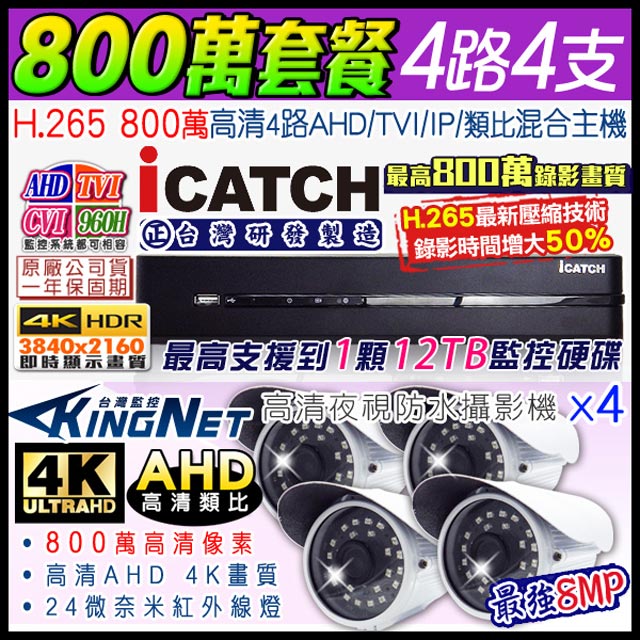 KingNet 帝網 監控套餐 可取 Icatch 4路4支套餐 800萬 8MP H.265 手機遠端 店面監控 AHD TVI CVI 類比 IPCAM 1080P 720P 類比 向下相容