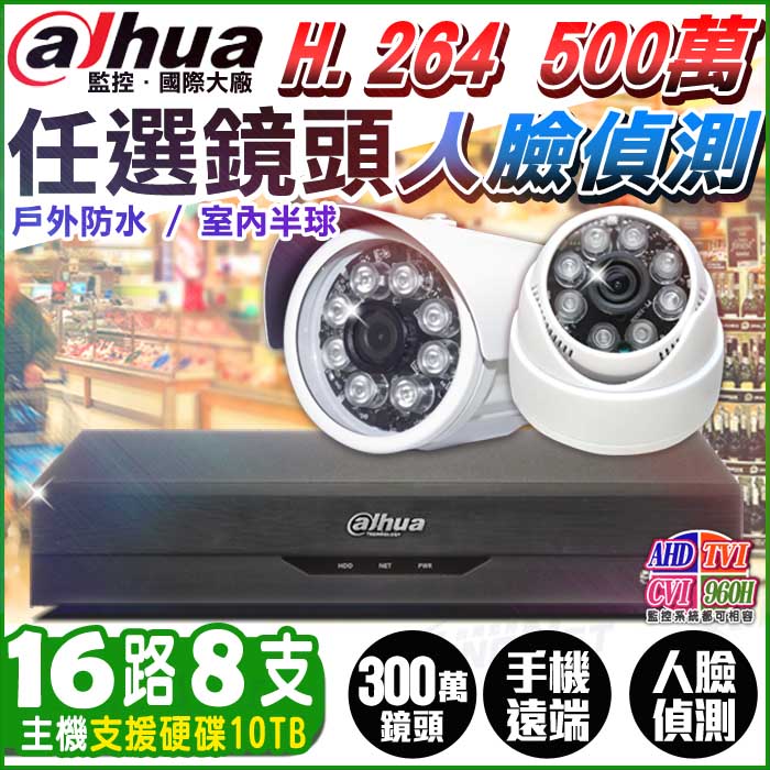 KingNet 帝網 監視器套餐 大華監控   16路8支 監控套餐 5MP 主機 搭 1080P 鏡頭 H.264  支援 AHD TVI CVI 500萬 400萬 720P 類比 人臉偵測 向下相容 手機遠端（其他規格）