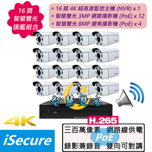 iSecure 英廣連 _16 路智慧雙光旗艦監視器組合! 1 部 16 路 4K 超高清監控主機 (NVR) + 12 部智慧雙光 3MP 定焦子彈型攝影機 (f: 4mm) + 4 部智慧雙光 8MP 變焦子彈型攝影機 (f: 2.8~12mm), 主要賣點: AI 智慧雙光源 + 16 部攝影機全部免接電源 (PoE)（其他規格）